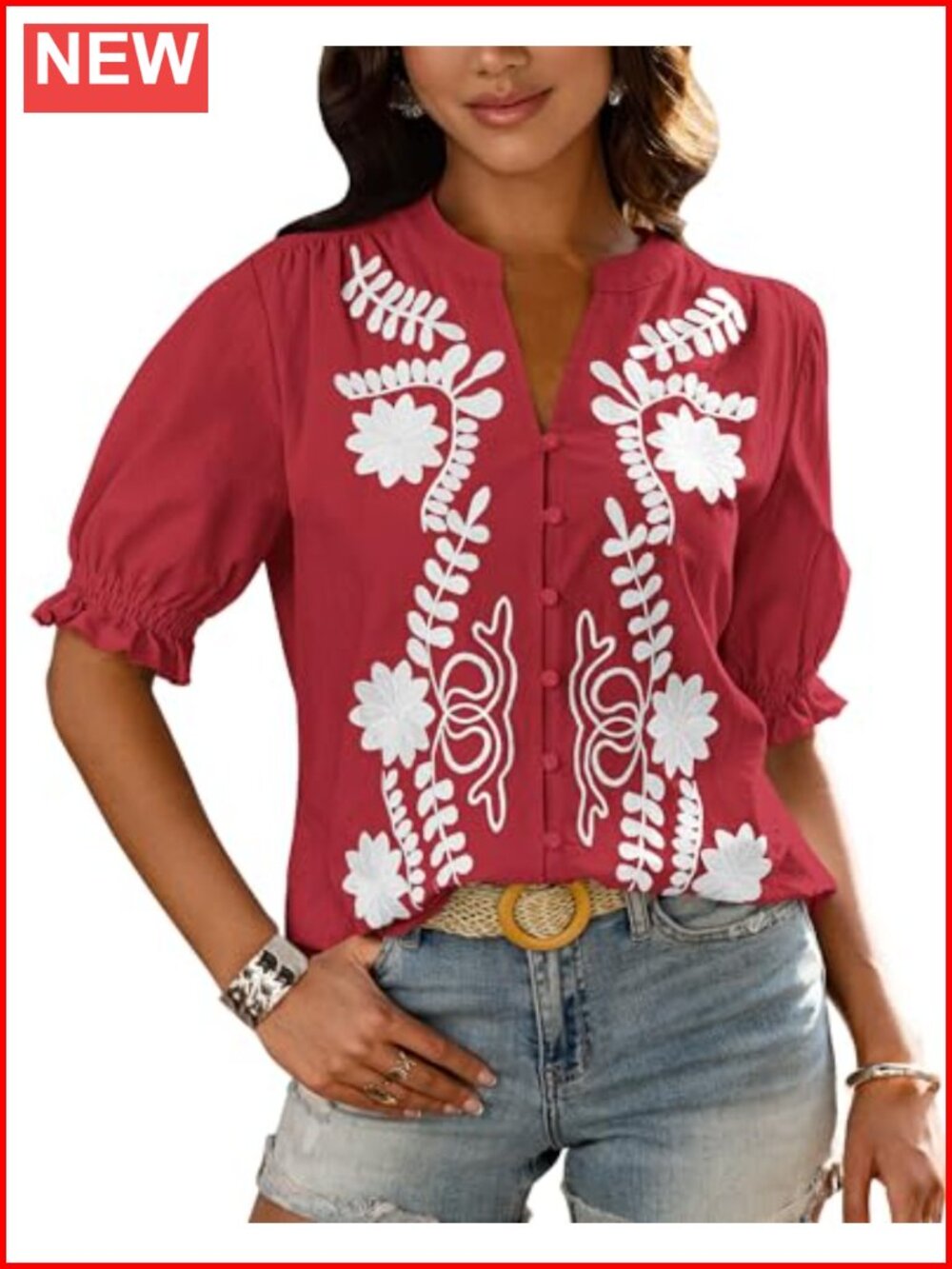 Women's Floral Embroidered V-Neck Puff Sleeve Cotton Top